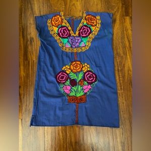 Blue Traditional Mexican Dress with Floral Embroidery